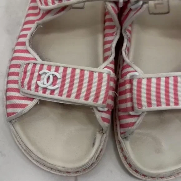 Chanel Printed Calfskin Velcro Dad Flat Mules Sandals Red Stripe 38 EU / 8 US - Picture 2 of 10